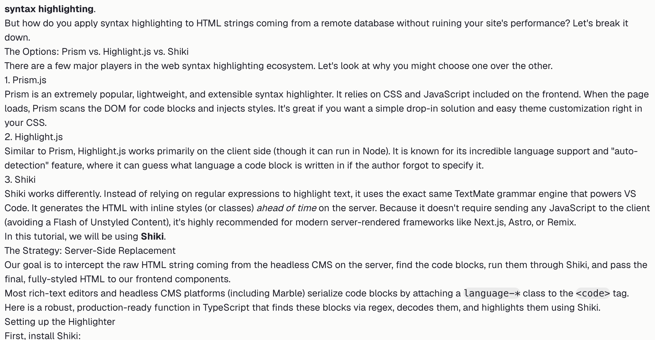 Unstyled CMS content rendered without Tailwind Typography, showing plain headings, paragraphs, lists, and spacing.